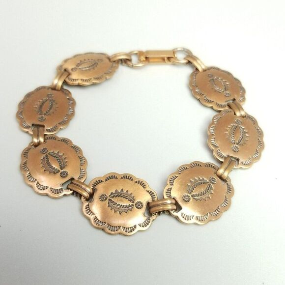 Vintage Copper Medallion Link Panel Bracelet, Hammered Stamp Design, 7 Inches - Picture 1 of 8